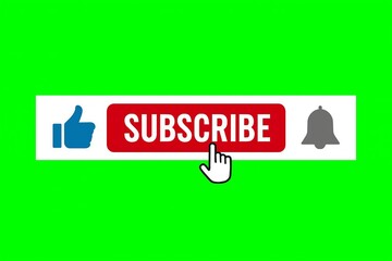 Animated youtube subscribe button with notification bell and thumbs up icon on green screen background for easy keying