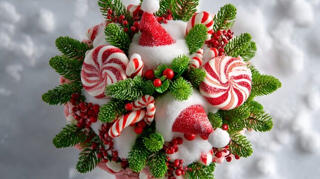 Festive christmas arrangement with candy canes santa hats and evergreen branches on a snowy background