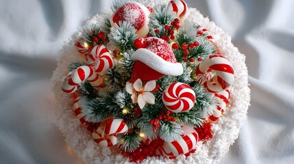 Festive christmas centerpiece with candy canes santa hat and snowy pine branches arrangement view from above