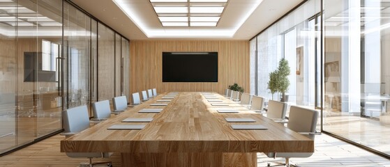 Modern conference room interior with long wooden table, glass walls, and integrated technology