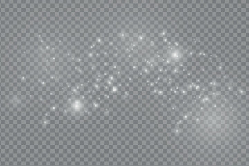 Dust sparks and stars shine with a special light. Christmas light effect. Glittering particles of magic dust.Vector sparkles on a transparent background. 