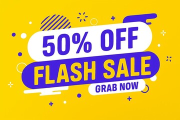 Bright yellow background with bold blue and white text announcing a 50 percent off flash sale with a grab now call to action