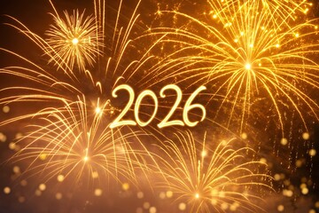 Naklejka premium Bright golden fireworks celebrate the arrival of the year 2026