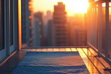 Blue yoga mat on a high-rise balcony at golden hour, overlooking a city skyline. Perfect for urban meditation or exercise.