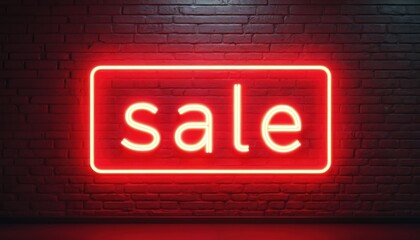 Red neon sign with word sale glows on brick wall. Illuminated rectangle frame advertises retail discount event. Bright electric light shines in dark space for promotion.