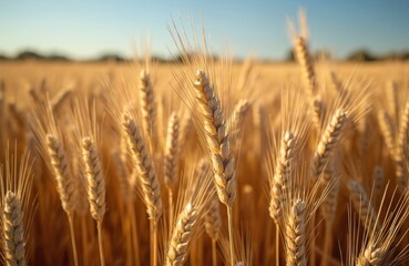 Fototapeta premium Close up photo shows golden wheat field under the sunlight. Ripe wheat ready for harvest. Agricultural landscape background with blue sky. Food supply concept.