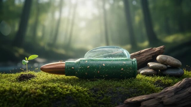 Medium shot showing an ecofriendly bullet prototype placed beside natural elements illustrating innovative sustainable design for green ammunition.