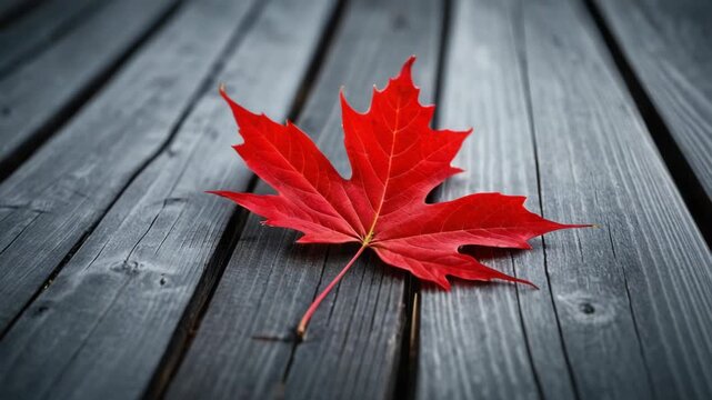 Video A single red leaf is lying on a wooden surface
