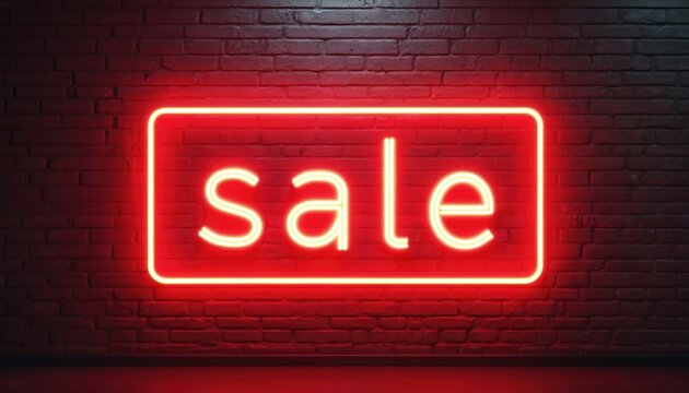 Red neon sign with word sale glows on brick wall. Illuminated rectangle frame advertises retail discount event. Bright electric light shines in dark space for promotion. - Powered by Adobe