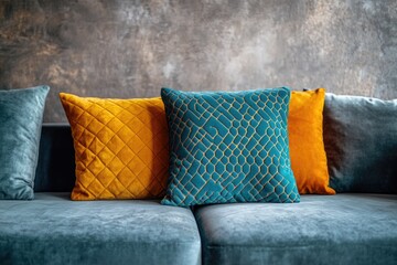 Obraz premium A vibrant collection of decorative velvet pillows in teal, mustard yellow, and blue, featuring intricate textures on a modern sofa.