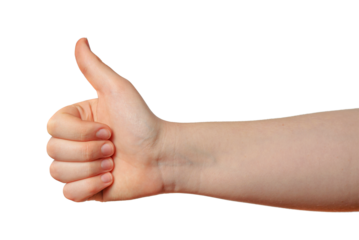 A child hand making a thumbs up gesture on a transparent background