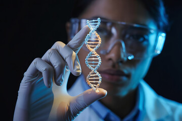 Scientist holding a DNA model wearing safety glasses and gloves for genetic research and biotechnology applications