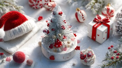 Festive christmas arrangement with tree, gift, ornaments, and santa hat on snowy white surface