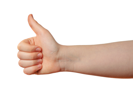 A child hand making a thumbs up gesture on a transparent background