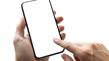 Hand Holding Smartphone with Blank Screen and Finger Touching