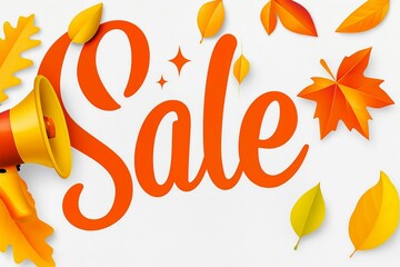 Autumn sale announcement with megaphone and falling leaves on a white background