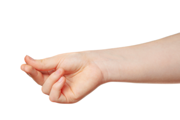 A hand makes a loose pinching gesture in a studio setting. Against a transparent background.