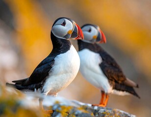 Two Atlantic puffins perched on a rock, bathed in soft, golden sunlight
