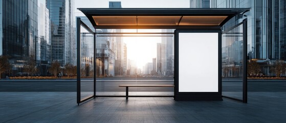 Modern city bus stop shelter with blank digital billboard mockup under warm sunrise light in a contemporary urban environment