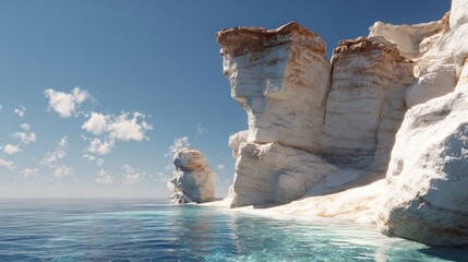 Majestic white cliffs and pristine turquoise waters on a tranquil sunny beach, showcasing dramatic eroded rock formations by the calm blue sea under a clear sky with scattered clouds.
