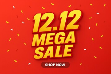 12 12 mega sale announcement with golden text and confetti on a vibrant red background