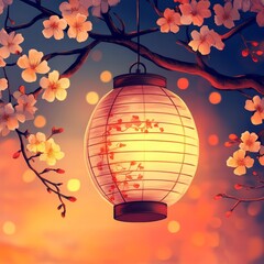 Obraz premium A warm and serene scene features a glowing Japanese lantern hanging from a cherry blossom branch. The soft, pink petals of the Prunus serrulata are illuminated against a gradient sunset backdrop, 