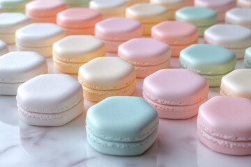 Obraz premium Soft pastel macarons or candies in delicate hexagonal and square shapes, neatly arranged across a light, reflective surface.