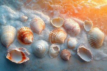 A vibrant collection of diverse seashells rests on the sandy beach, gently embraced by foamy ocean waves under warm, golden sunlight.