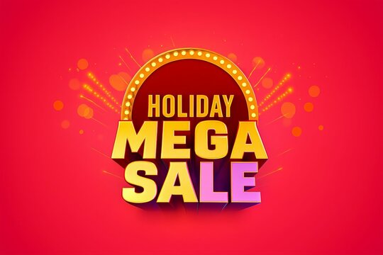 Vibrant holiday mega sale announcement with illuminated marquee sign and festive sparkling lights on a red background - Powered by Adobe