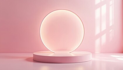 Pink empty studio room features round display podium. Glowing circular arch illuminates stage with soft light. Window shadow falls on wall creating nice mood. Minimal luxury scene perfect for product