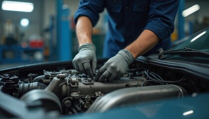 Mechanic wearing gloves working on car engine in workshop. Man repairs vehicle in auto repair shop. Technician inspects motor under hood. Automotive maintenance service job.