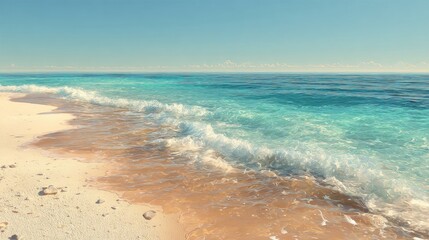 Serene tropical beach with clear turquoise ocean water and gentle waves on golden sand under a bright blue sky