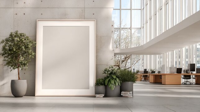 Spacious and bright modern office interior with concrete wall, large software, blank picture frame, and greenery