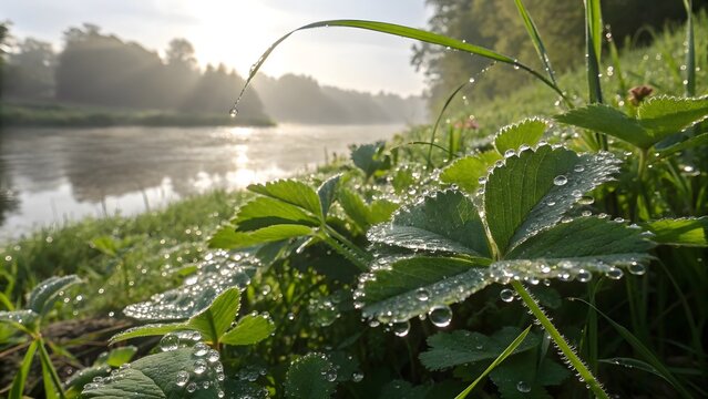 Close up of green plants covered in dew drops near a river on a foggy morning in the countryside