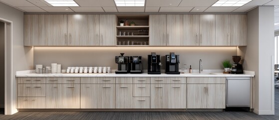 Modern office breakroom kitchenette with light wood cabinets, multiple coffee machines, sink, and bright contemporary design
