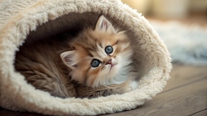 Cute fluffy kitten with blue eyes relaxing inside a soft beige pet cave looking upwards innocently
