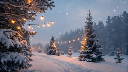 Snowy forest path illuminated by string lights during a winter snowfall at twilight hour scene