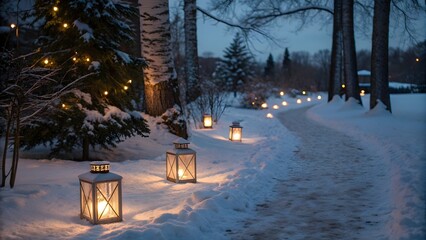Snowy path illuminated by lanterns in a winter wonderland landscape at dusk with trees around