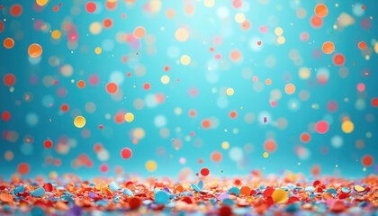 Festive confetti falls on blue surface. Multicolored paper pieces create joyful celebration mood. Decoration for birthday party greeting card. Fun carnival atmosphere with vibrant paper decoration.