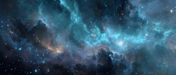 Fototapeta premium Stunning cosmic landscape: swirling teal and blue nebula with shimmering stars and galactic gas clouds in deep space