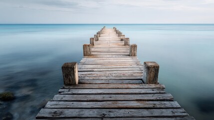 Tranquil long exposure of a weathered wooden pier extending into the calm blue sea under a muted sky