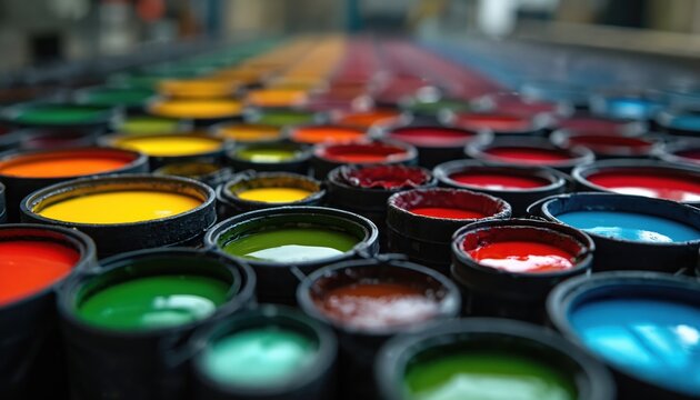 Rows of open containers filled with vibrant colorful inks in print shop. Various shades of red, orange, yellow, green, blue, black liquids neatly arranged, ready for graphic design, production