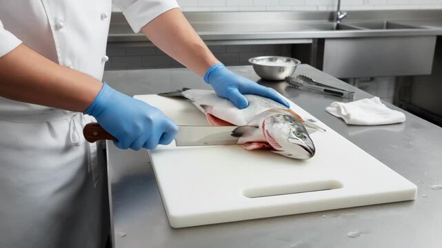 Scene of a kitchen workspace with a fish being filleted highlighting the importance of hygiene and sharp tools in seafood preparation.