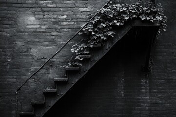 Dramatic black and white photo of an old metal fire escape on a textured brick wall, heavily overgrown with ivy, showcasing urban decay.