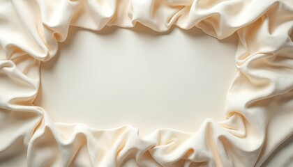 Creamy fabric border forms a soft frame on light beige background. Wrinkled texture creates an elegant blank space perfect for design mockups. Ideal for website layouts or wedding invitations.
