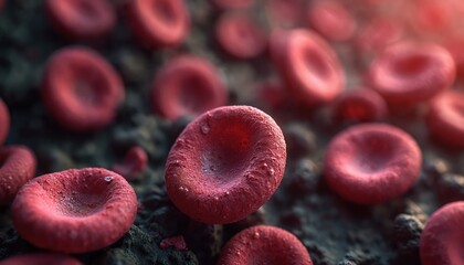 Red blood cells, some irregularly shaped, seen under magnification. Blood cells show abnormalities and mutations affecting oxygen flow. Medical illustration of red blood corpuscles in a vein.