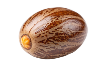 Close-up studio shot of a single castor bean, a brown oval seed with a distinctive pattern, isolated on a white background, highlighting its textured surface