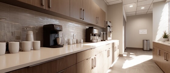 Modern and bright office breakroom with coffee station, sleek cabinets, and natural sunlight