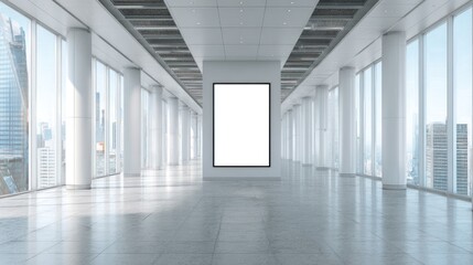 Obraz premium Bright modern architectural interior with panoramic city skyline view and blank vertical billboard mockup