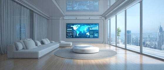 Fototapeta premium Futuristic luxury apartment with high-tech digital world map display, white minimalist furniture, and panoramic city skyline view